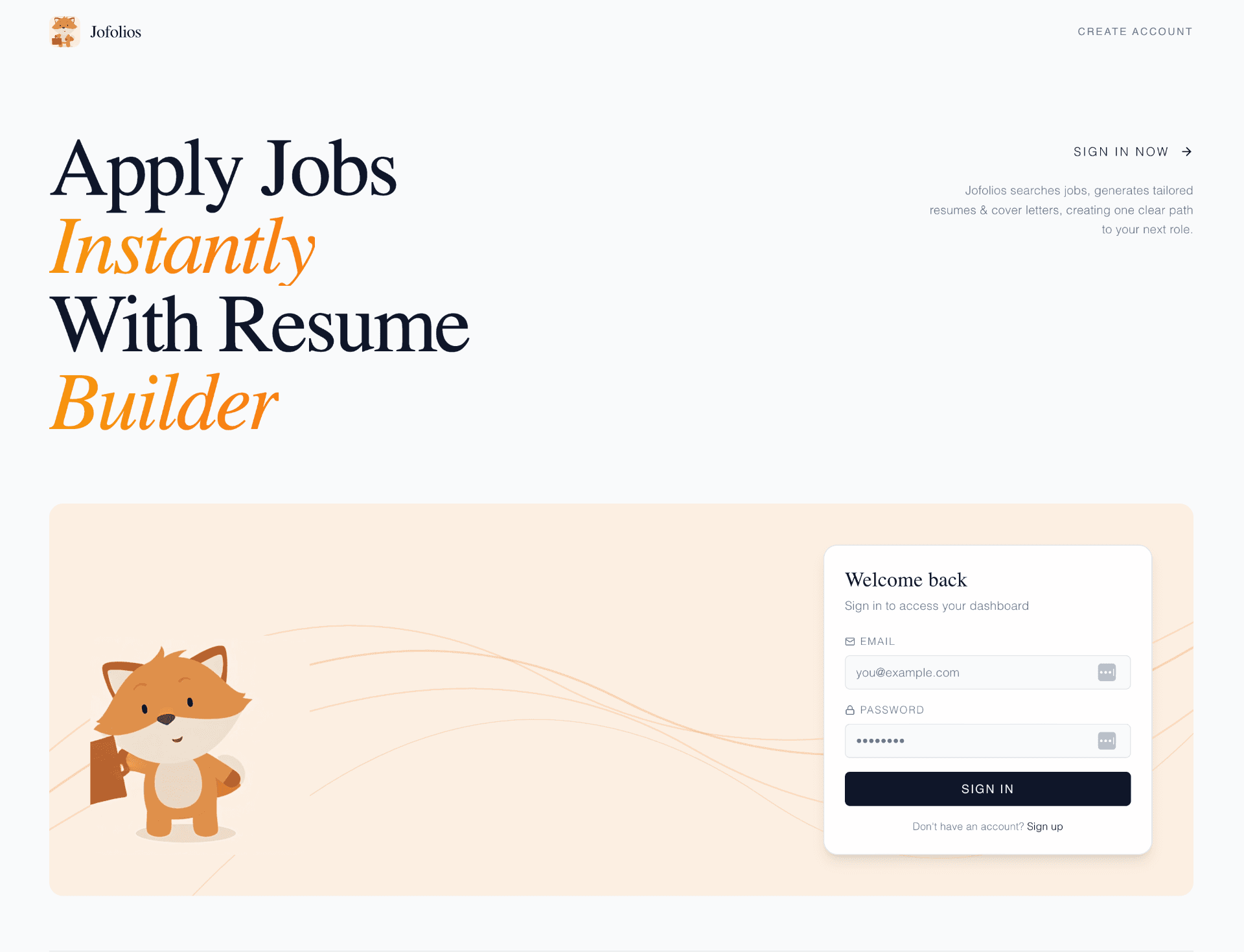 Jofolios platform showing AI-powered job search and resume builder interface