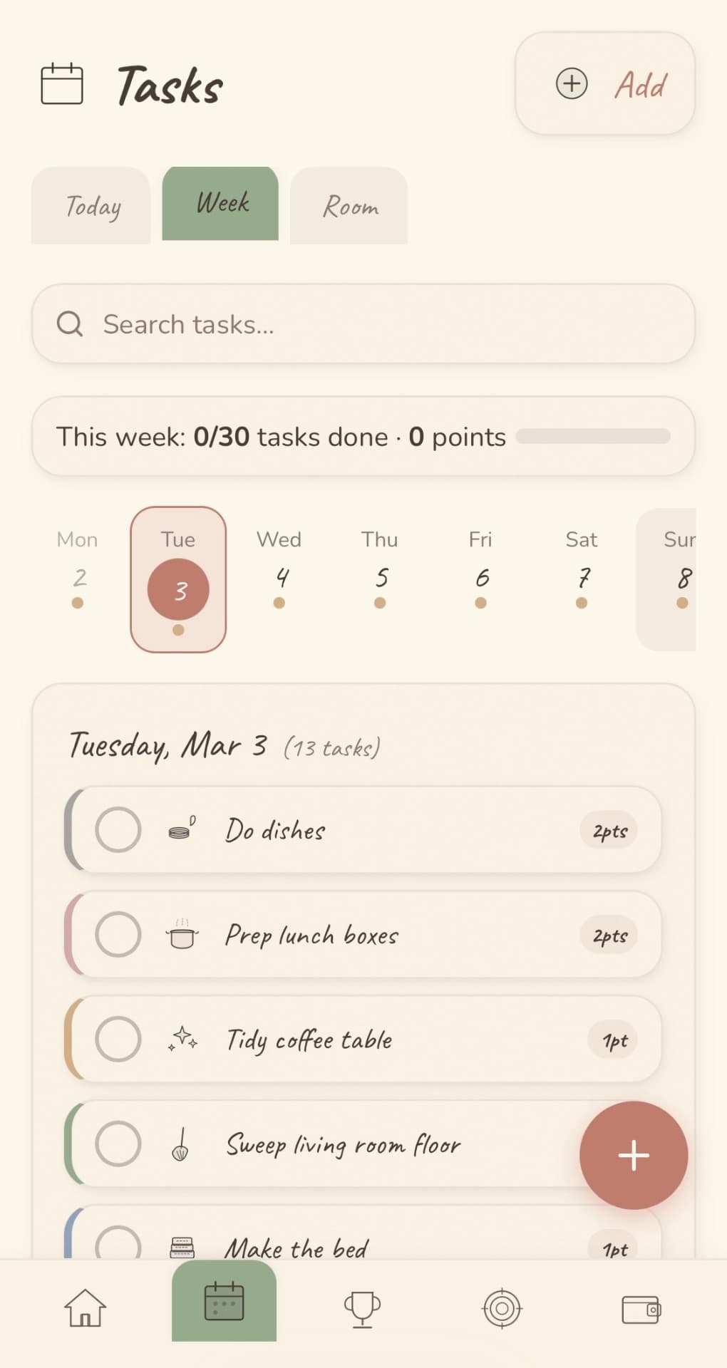 Toppi weekly task view with calendar
